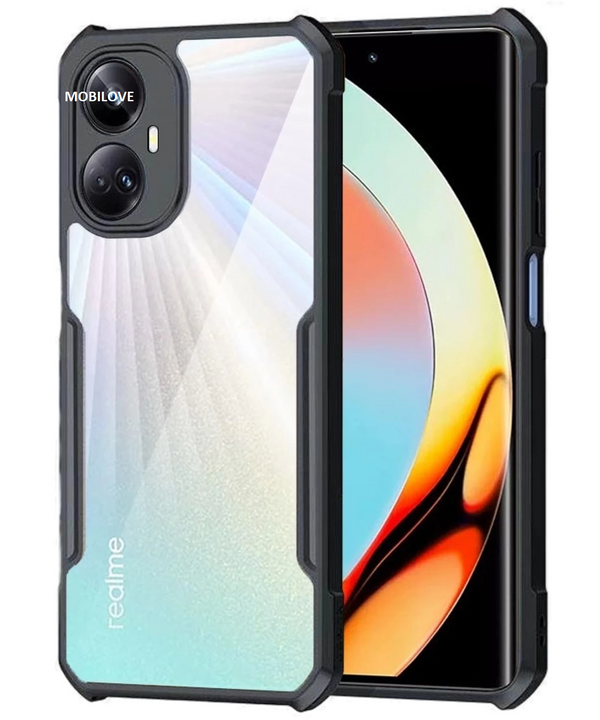 MOBILOVE Back Cover Case for Realme C55 | Narzo N55 | Four Corner Hybrid Soft PC Anti Clear Gel TPU Bumper Case [Complete Camera Protection] [Anti-Slip] [Shock Proof] [Scratch Resistant] (Black | Transparent)