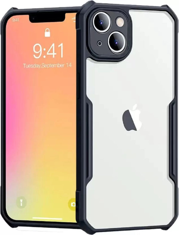 MOBILOVE Back Cover Case for iPhone 14 | Four Corner Hybrid Soft PC Anti Clear Gel TPU Bumper Case [Complete Camera Protection] [Anti-Slip] [Shock Proof] [Scratch Resistant] (Black | Transparent)