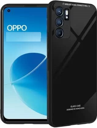 MOBILOVE Back Cover for Oppo Reno 6 Pro 5G | Luxury Toughened Glass Cover with Shockproof Soft Silicone Side Case (Hard Case) (Black)