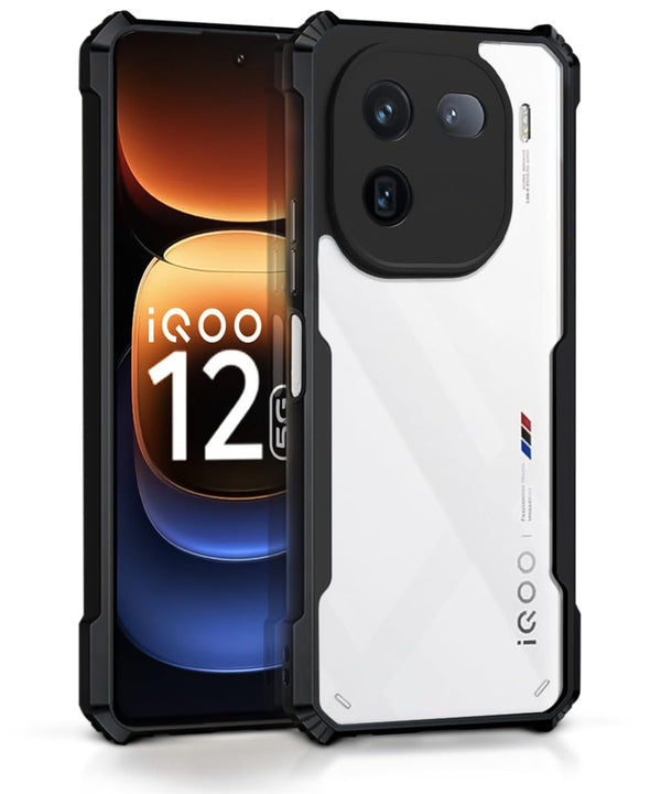 MOBILOVE Back Cover Case for iQOO 12 5G | Luxury Toughened Glass Cover with Shockproof Soft Silicone Side Case (Hard Case) (Black)