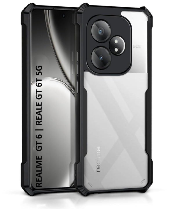 MOBILOVE Shockproof Crystal Clear Back Cover Case for Realme GT 6 | GT 6T 5G | 360 Degree Protection | Protective Design | Hybrid Soft PC Anti Clear Gel TPU Bumper Case (Black)