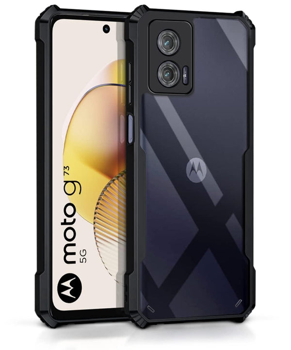 MOBILOVE Back Cover Case for Moto G73 5G | Luxury Toughened Glass Cover with Shockproof Soft Silicone Side Case (Hard Case) (Black)