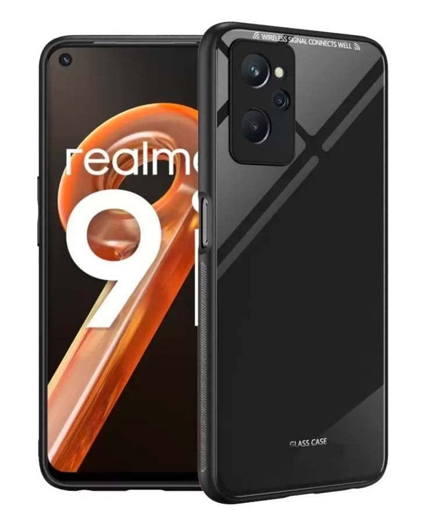 MOBILOVE Back Cover Case for Realme 9i | Luxury Toughened Glass Cover with Shockproof Soft Silicone Side Case (Hard Case) (Black)