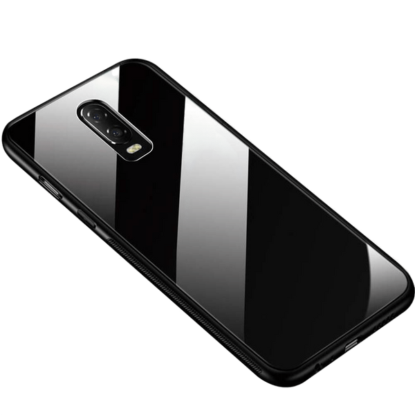 MOBILOVE Back Cover Case for OnePlus 7 | Luxury Toughened Glass Cover with Shockproof Soft Silicone Side Case (Hard Case) (Black)