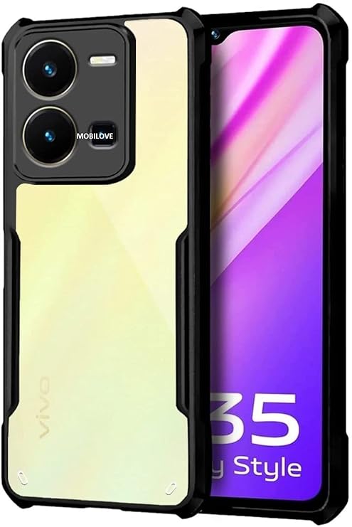 MOBILOVE Back Cover Case for Vivo Y35 | Four Corner Hybrid Soft PC Anti Clear Gel TPU Bumper Case [Complete Camera Protection] [Anti-Slip] [Shock Proof] [Scratch Resistant] (Black | Transparent)