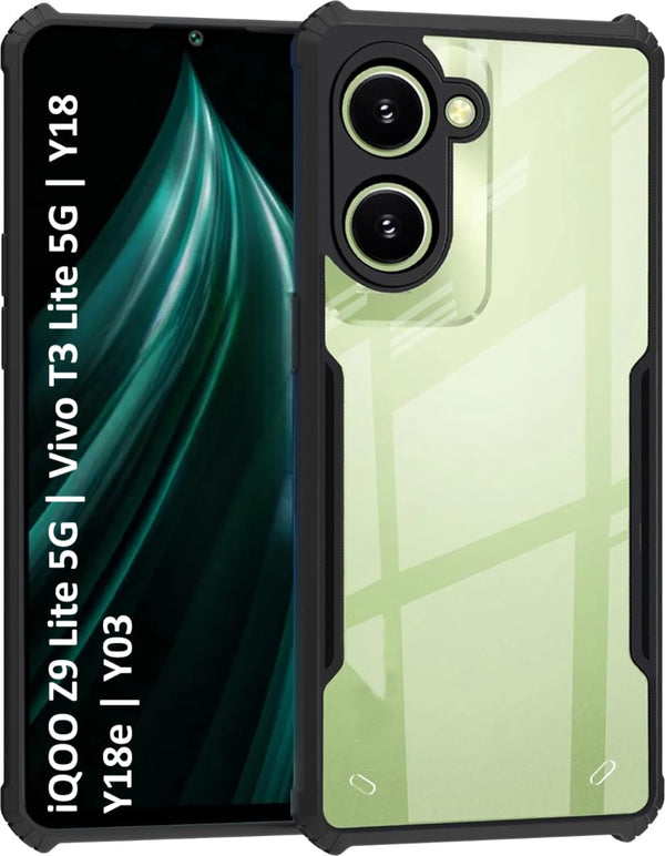MOBILOVE Shockproof Crystal Clear Back Cover Case for iQOO Z9 Lite 5G | Vivo T3 Lite 5G | Y18 | Y18e | Y03 | 360 Degree Protection | Hybrid Soft PC Anti Clear Gel TPU Bumper Case (Black)