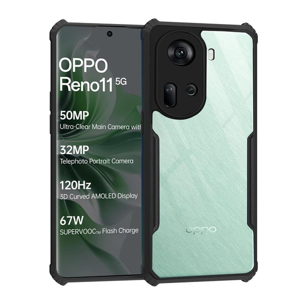 MOBILOVE Back Cover Case for Oppo Reno 11 5G | Luxury Toughened Glass Cover with Shockproof Soft Silicone Side Case (Hard Case) (Black)