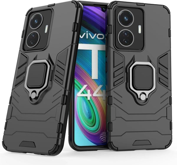 MOBILOVE Back Cover for Vivo T1 44W | iQOO Z6 44W | Rotating Ring Holder & Kickstand in-Built | Dual Layer Military Grade Drop Protection | 360 Degree Protection Case