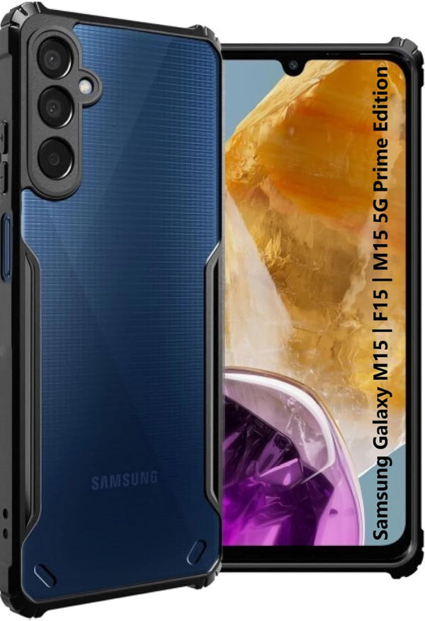 MOBILOVE Shockproof Crystal Clear Back Cover Case for Samsung Galaxy M15 | F15 | M15 5G Prime Edition | 360 Degree Protection | Hybrid Soft PC Anti Clear Gel TPU Bumper Case (Black)