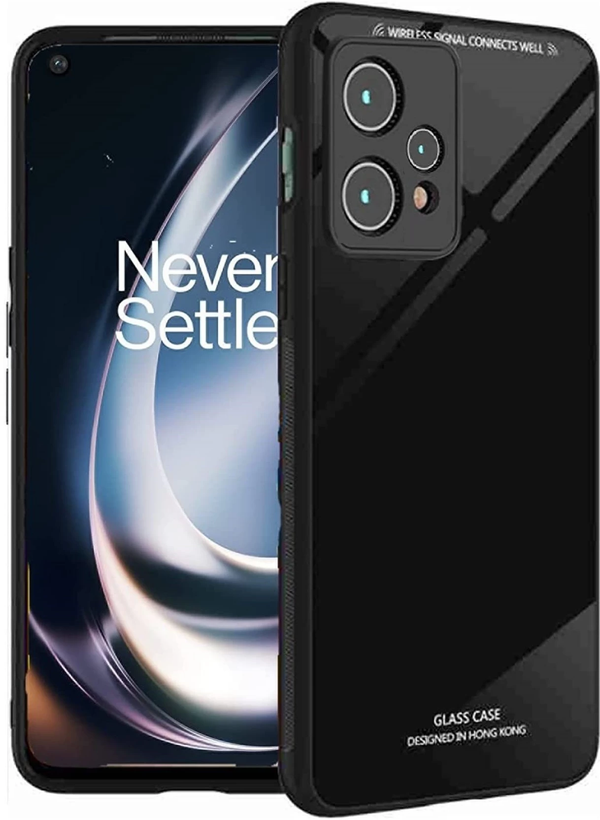 MOBILOVE Back Cover Case for OnePlus Nord CE 2 Lite | Luxury Toughened Glass Cover with Shockproof Soft Silicone Side Case (Hard Case) (Black)