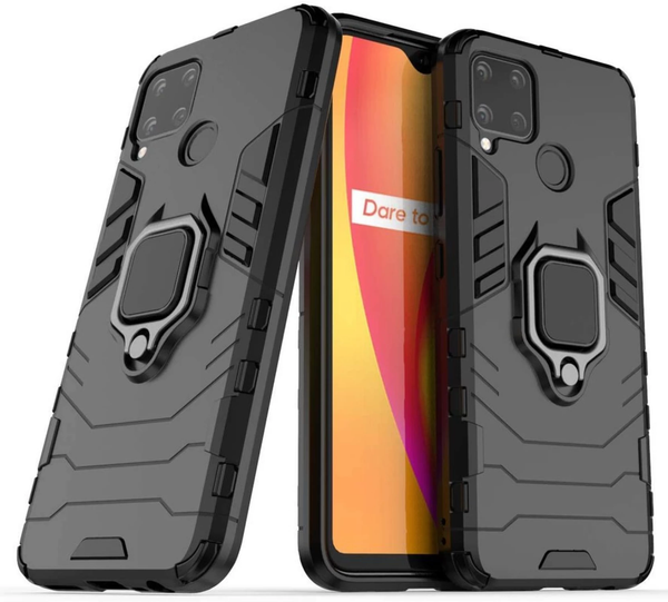 MOBILOVE Back Cover for Realme C25 | C12 | Narzo 30A | Rotating Ring Holder & Kickstand in-Built | Dual Layer Military Grade Drop Protection | 360 Degree Protection Case