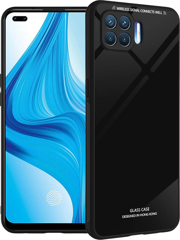 MOBILOVE Back Cover for Oppo F17 Pro | Luxury Toughened Glass Cover with Shockproof Soft Silicone Side Case (Hard Case) (Black)