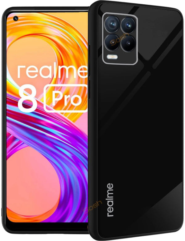 MOBILOVE Back Cover for Realme 8 4G | Realme 8 Pro | Luxury Toughened Glass Cover with Shockproof Soft Silicone Side Case (Hard Case) (Black)