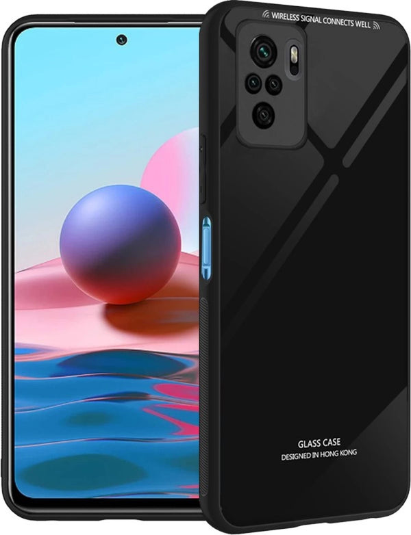 MOBILOVE Back Cover for Mi Redmi Note 10 | Note 10s | Luxury Toughened Glass Cover with Shockproof Soft Silicone Side Case (Hard Case) (Black)