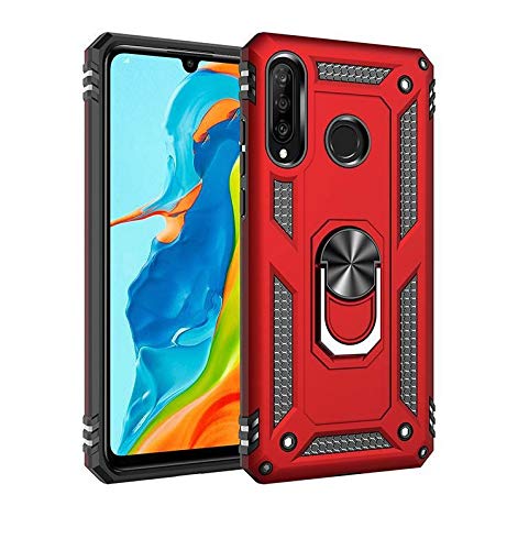 MOBILOVE Back Cover for Samsung Galaxy M30 | Dual Layer Hybrid Armor Defender Case with 360 Degree Metal Finger Ring (Rugged Armor) (Red)