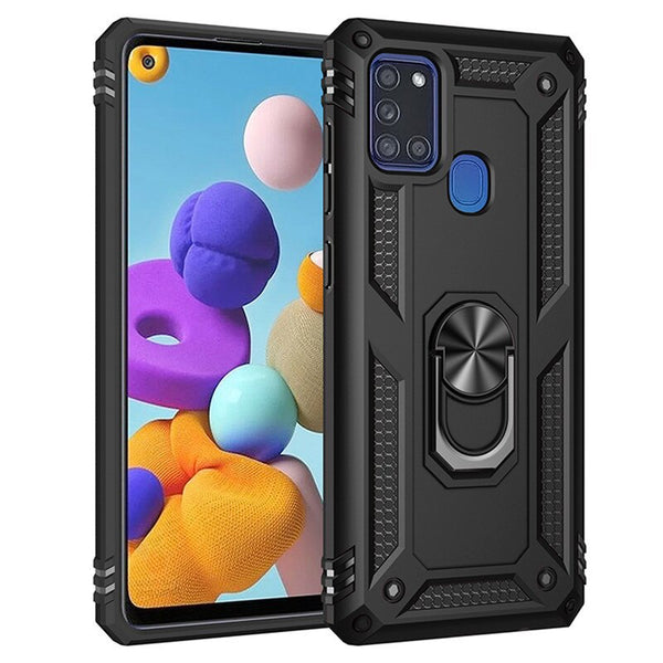 MOBILOVE Back Cover for Samsung Galaxy A21s | Dual Layer Hybrid Armor Defender Case with 360 Degree Metal Finger Ring (Rugged Armor)