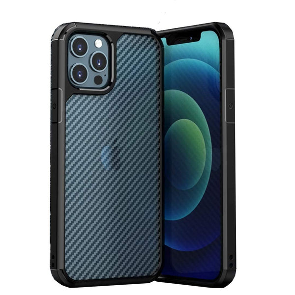 MOBILOVE Back Cover for Apple iPhone 12 | iPhone 12 Pro | Luxury Carbon Fiber Skin Translucent PC TPU Rugged Military Grade Drop Protection (Black)