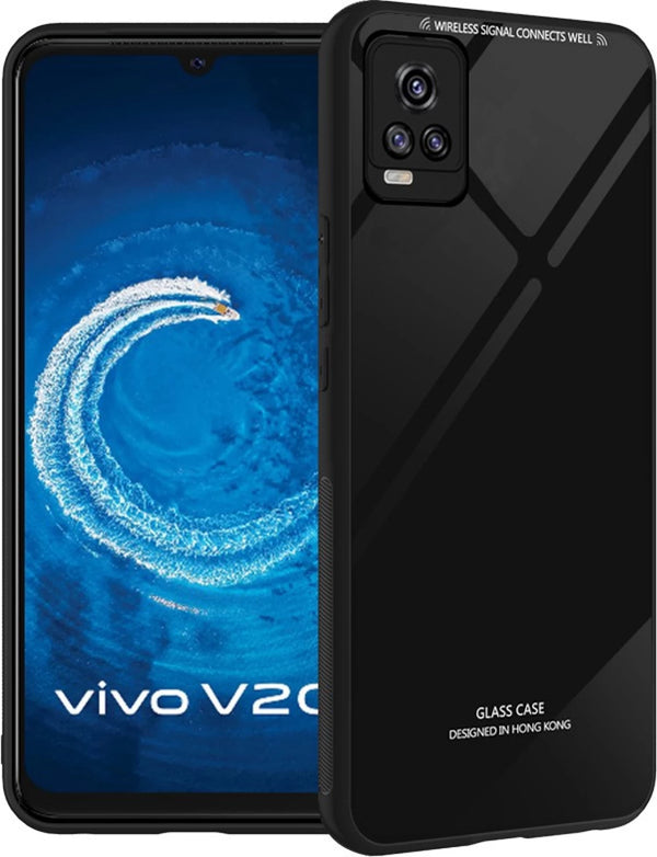 MOBILOVE Back Cover for Vivo V20 | Luxury Toughened Glass Cover with Shockproof Soft Silicone Side Case (Hard Case) (Black)